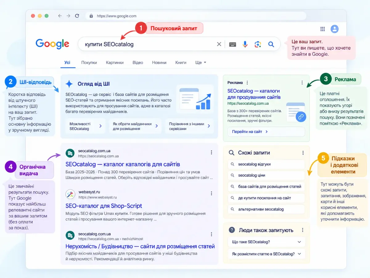 Інфографіка сторінки пошуку Google із SEO-поясненнями